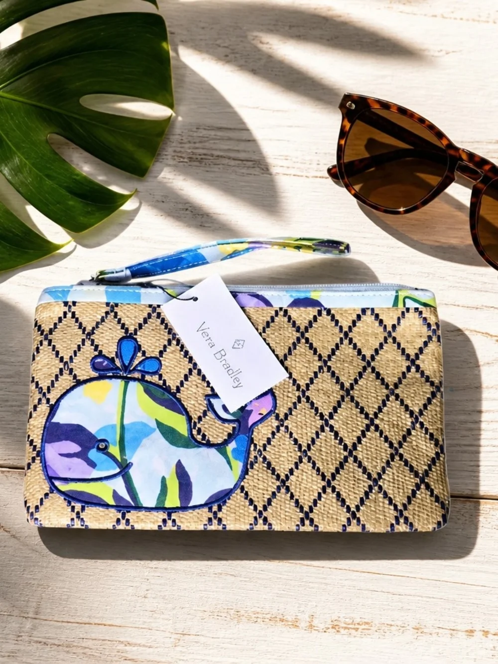 Vera Bradley Marian Floral Whale Straw Wristlet Beach Clutch Coastal NWT Vacay